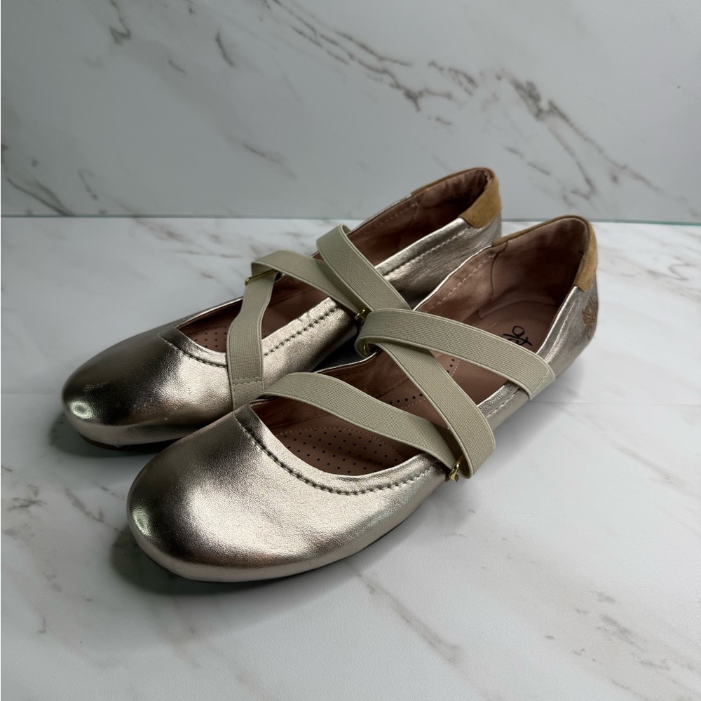 OTBT Anora Old Gold Metallic Criss Cross Strappy Ballet Flats Comfort Office